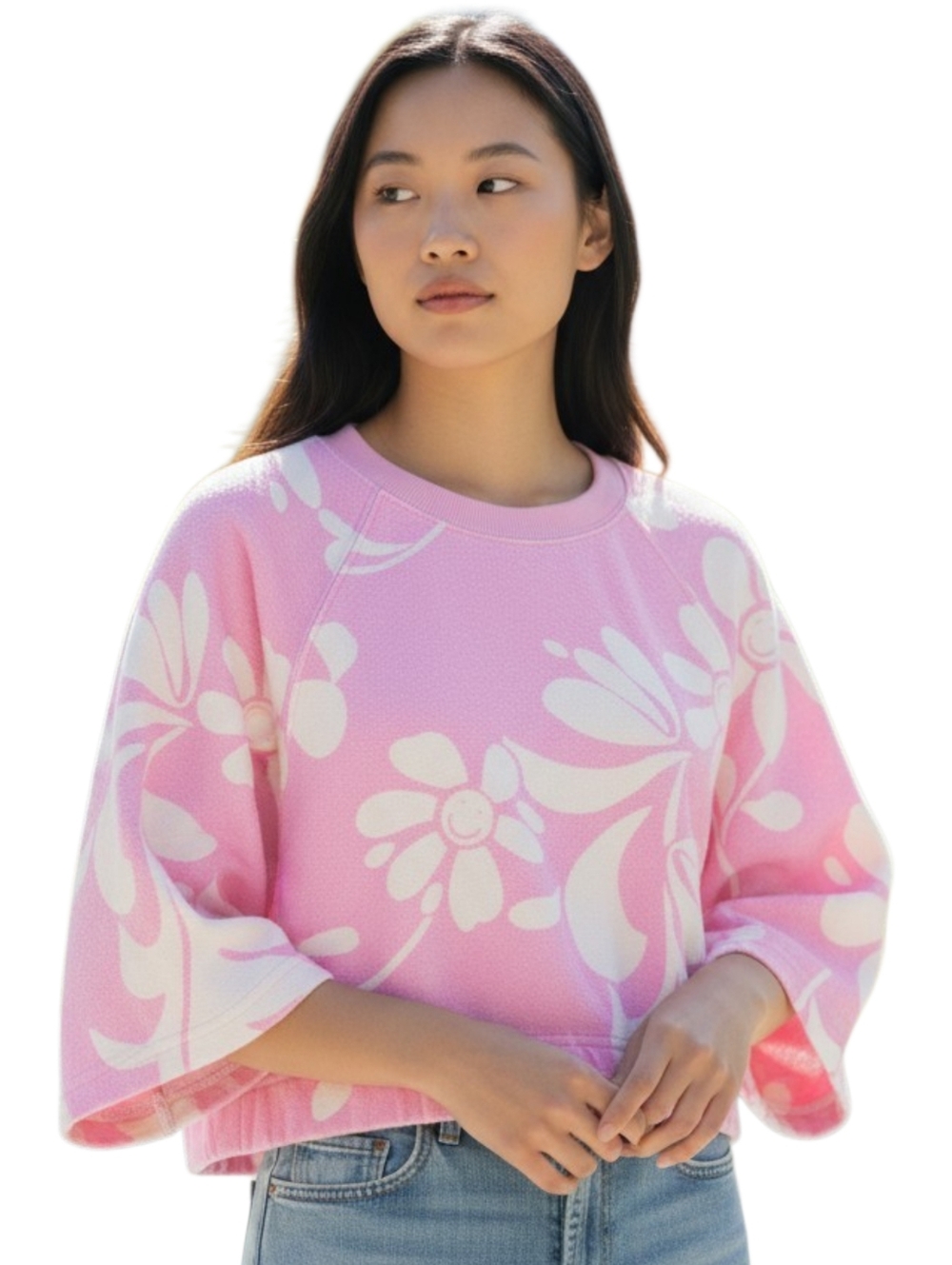 Urban Outfitters Crop Sweatshirt Pink Floral Smiley XS